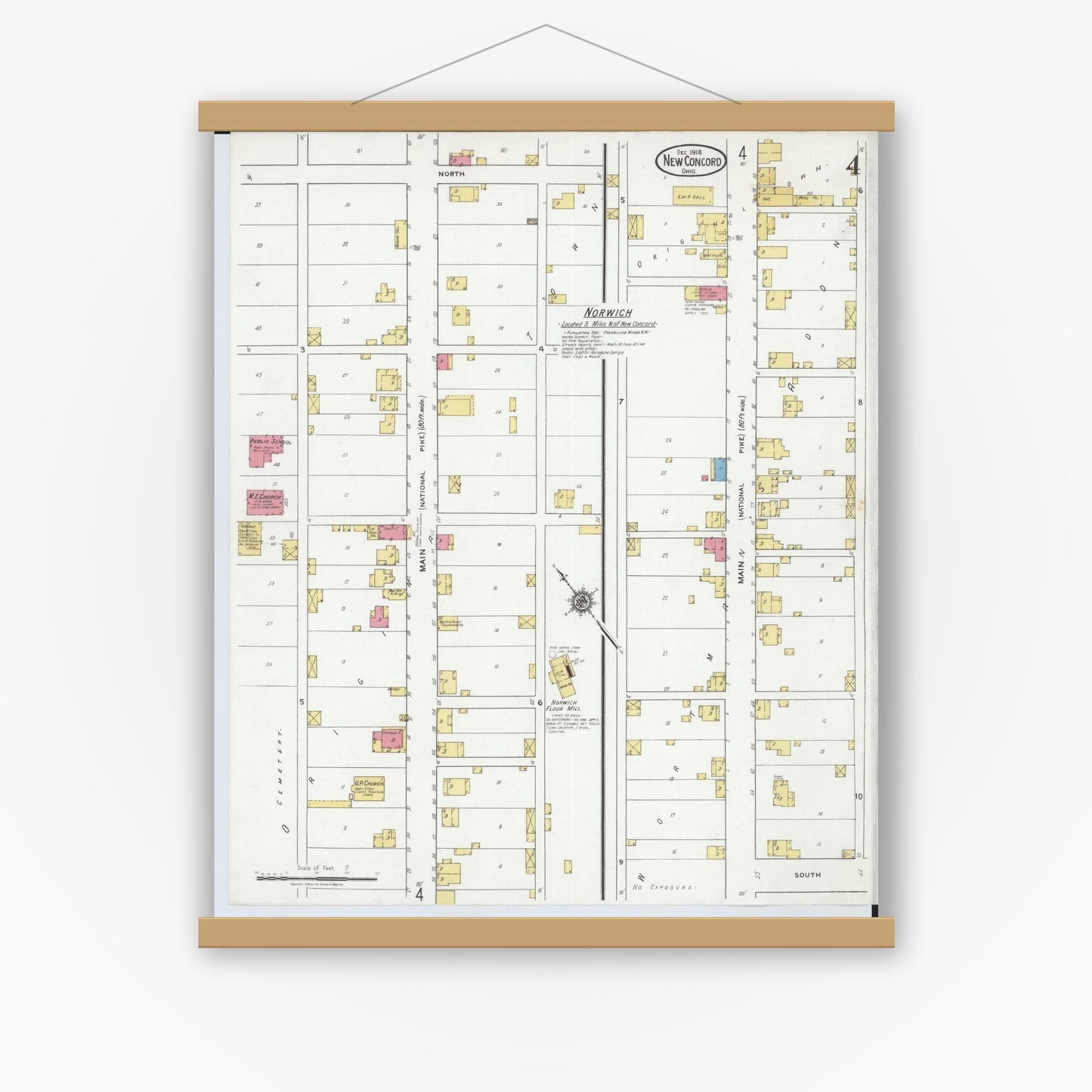 Old map wall art mockup — magnetic wood frame on white wall — Sanborn Fire Insurance Map from New Concord, Muskingum County, Ohio (1918), Sheet #0004