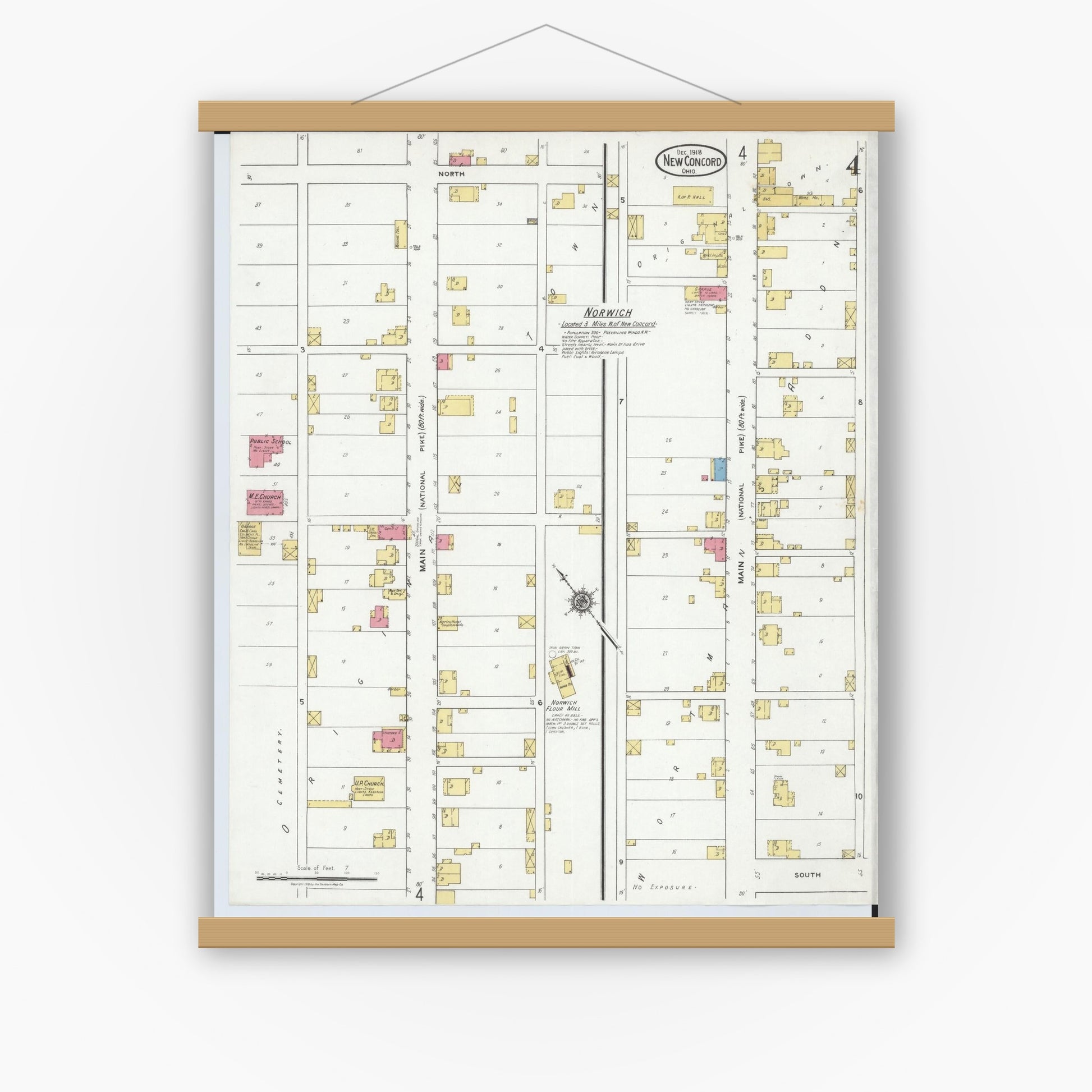 Old map wall art mockup — magnetic wood frame on white wall — Sanborn Fire Insurance Map from New Concord, Muskingum County, Ohio (1918), Sheet #0004