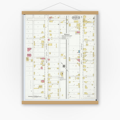 Old map wall art mockup — magnetic wood frame on white wall — Sanborn Fire Insurance Map from New Concord, Muskingum County, Ohio (1918), Sheet #0004