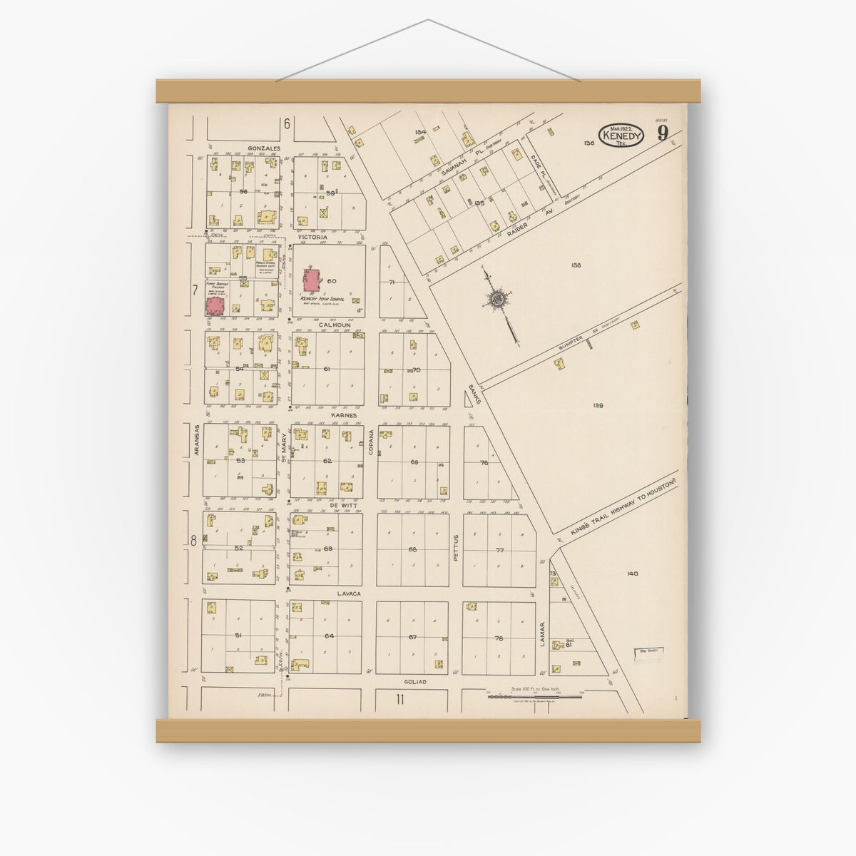 Old map wall art mockup — magnetic wood frame on white wall — Sanborn Fire Insurance Map from Kenedy, Karnes County, Texas (1922), Sheet #0009