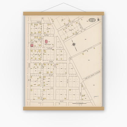 Old map wall art mockup — magnetic wood frame on white wall — Sanborn Fire Insurance Map from Kenedy, Karnes County, Texas (1922), Sheet #0009