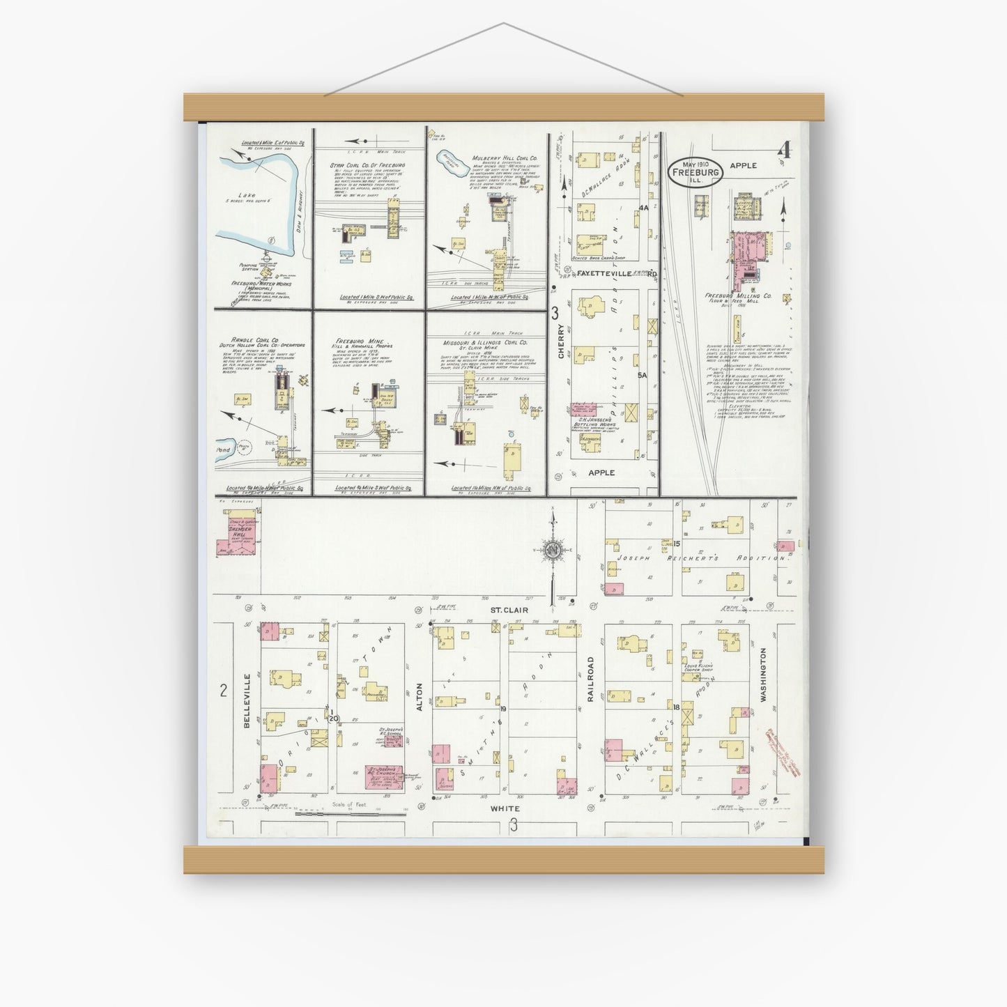 Old map wall art mockup — magnetic wood frame on white wall — Sanborn Fire Insurance Map from Freeburg, Saint Clair County, Illinois (1910), Sheet #0004