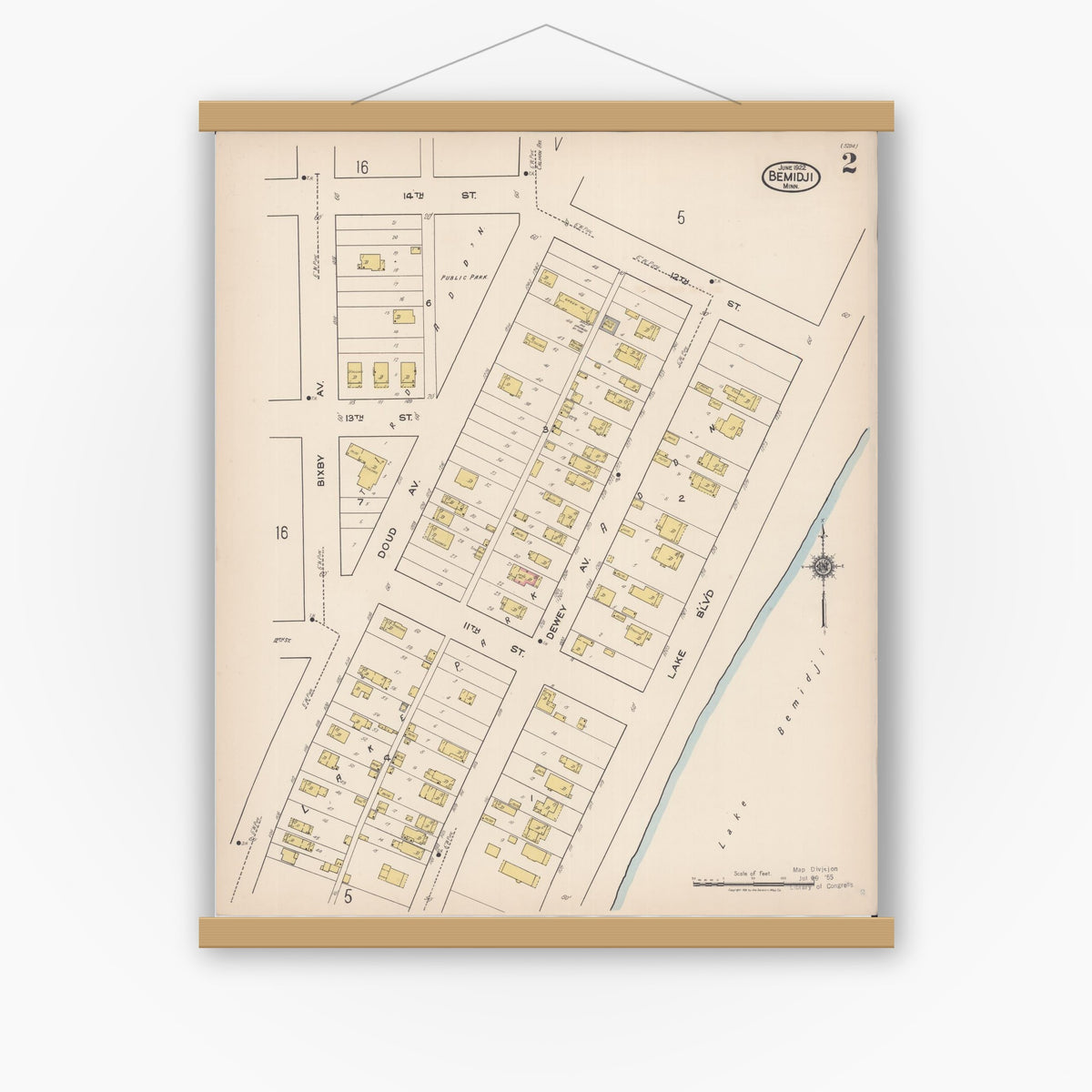 Old map wall art mockup — magnetic wood frame on white wall — Sanborn Fire Insurance Map from Bemidji, Beltrami County, Minnesota (1922), Sheet #0002