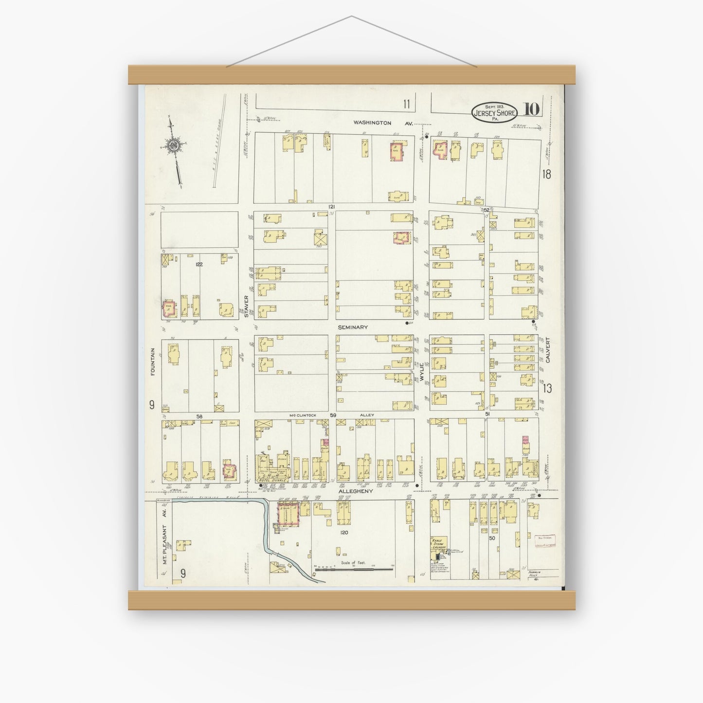 Old map wall art mockup — magnetic wood frame on white wall — Sanborn Fire Insurance Map from Jersey Shore, Lycoming County, Pennsylvania (1913), Sheet #0010