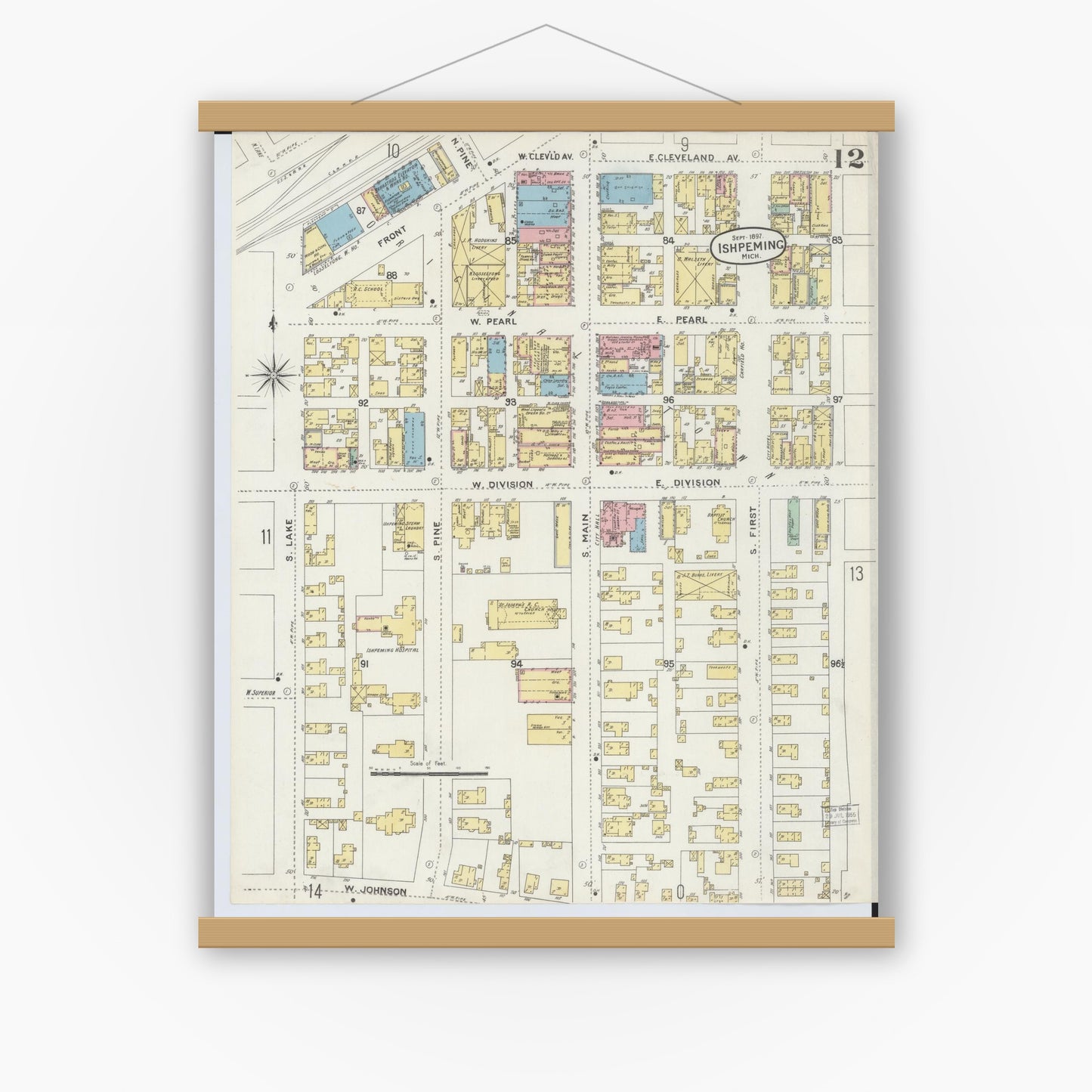 Old map wall art mockup — magnetic wood frame on white wall — Sanborn Fire Insurance Map from Ishpeming, Marquette County, Michigan (1897), Sheet #0012