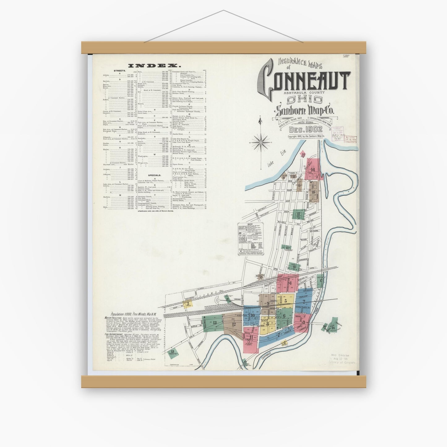 Old map wall art mockup — magnetic wood frame on white wall — Sanborn Fire Insurance Map from Conneaut, Ashtabula County, Ohio (1902) - Complete Map Set