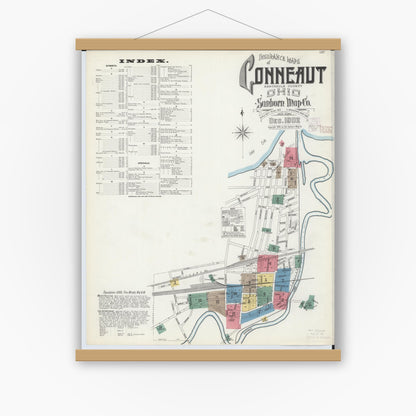 Old map wall art mockup — magnetic wood frame on white wall — Sanborn Fire Insurance Map from Conneaut, Ashtabula County, Ohio (1902) - Complete Map Set