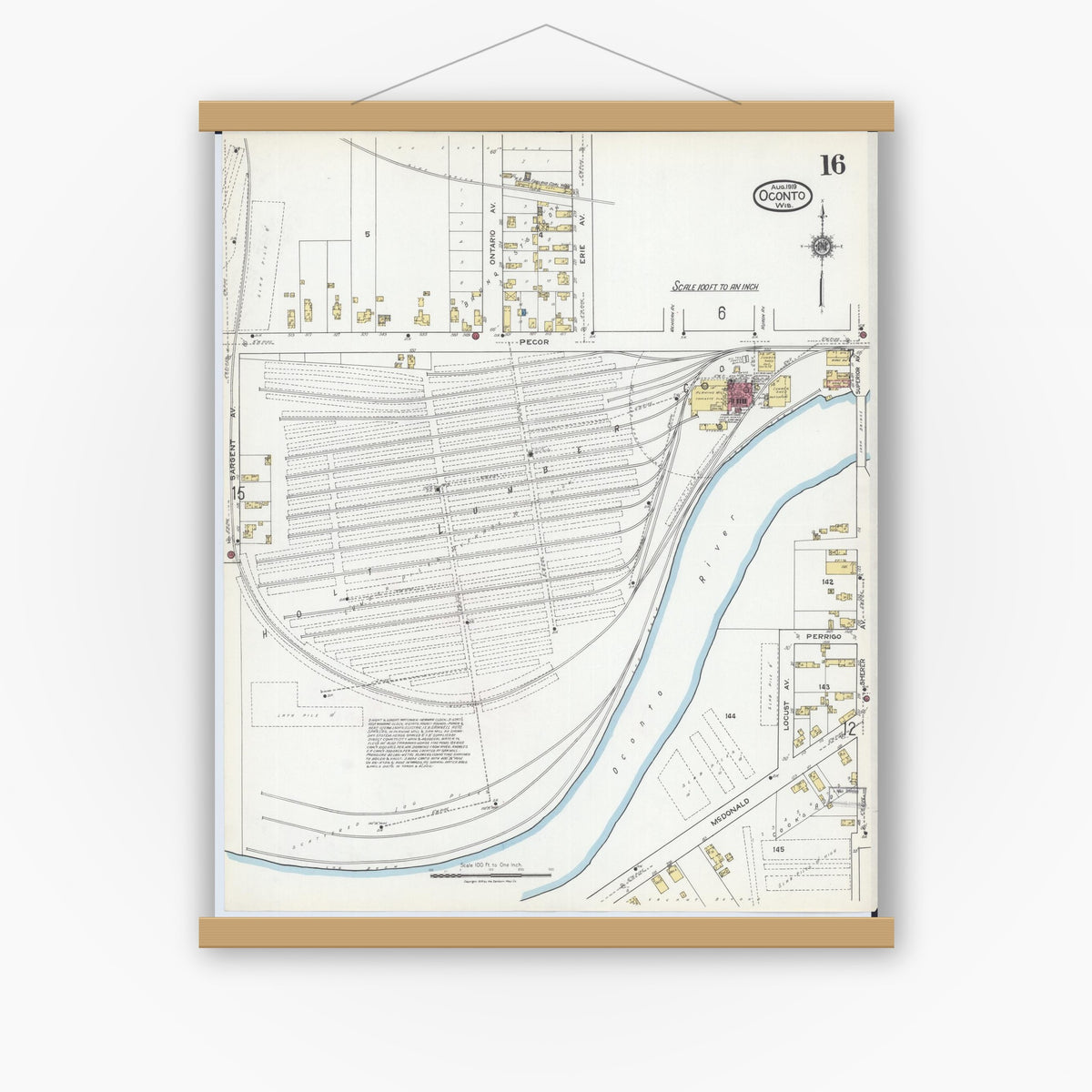 Old map wall art mockup — magnetic wood frame on white wall — Sanborn Fire Insurance Map from Oconto, Oconto County, Wisconsin (1919), Sheet #0016