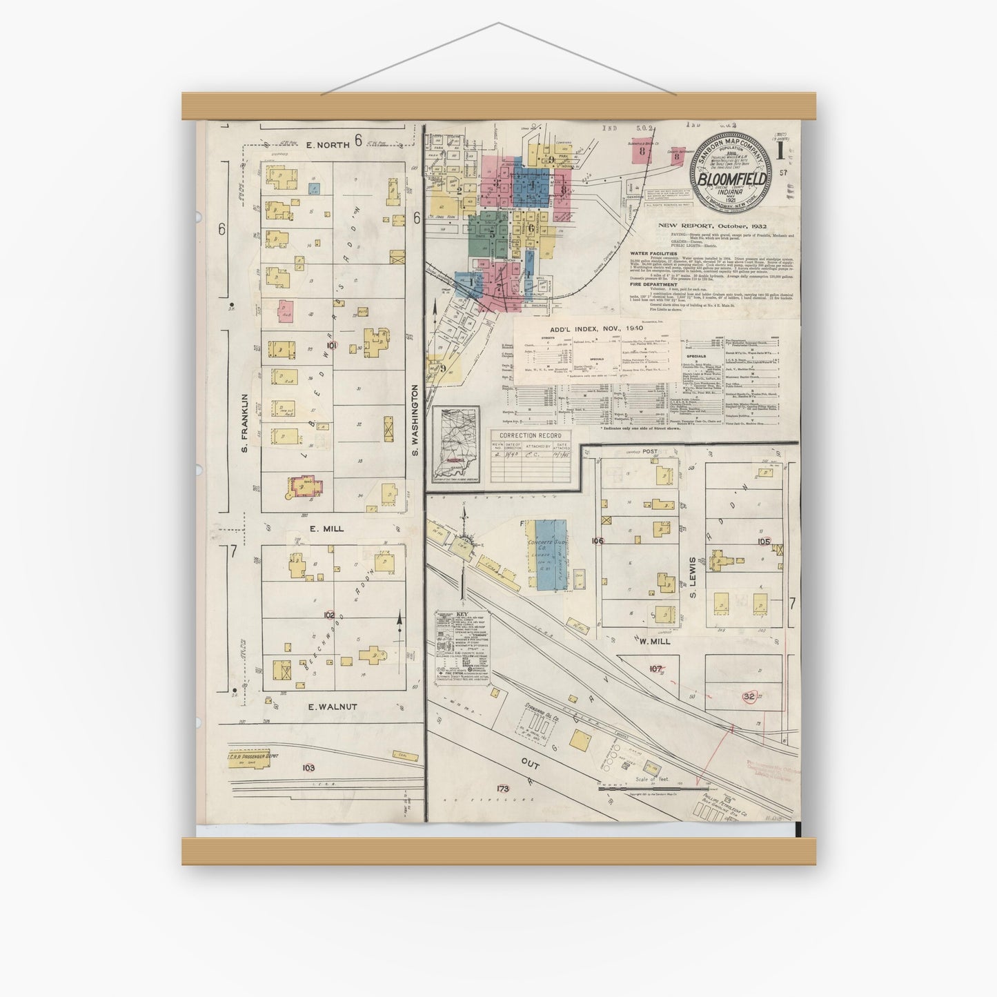 Old map wall art mockup — magnetic wood frame on white wall — Sanborn Fire Insurance Map from Bloomfield, Greene County, Indiana (1940) - Complete Map Set