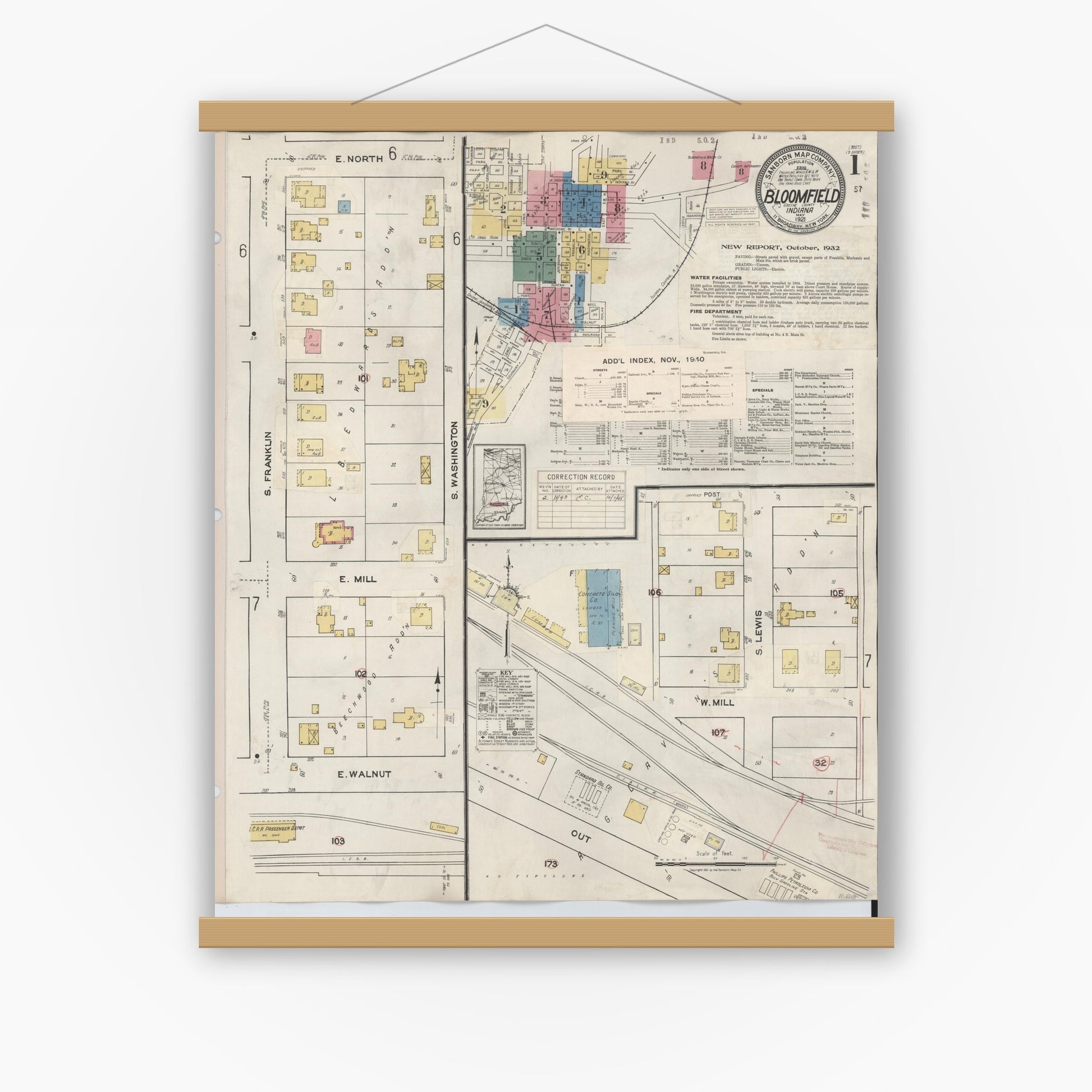 Old map wall art mockup — magnetic wood frame on white wall — Sanborn Fire Insurance Map from Bloomfield, Greene County, Indiana (1940) - Complete Map Set