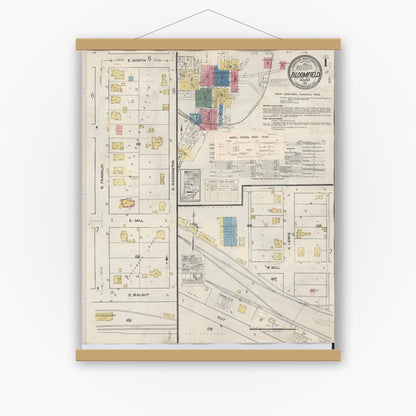 Old map wall art mockup — magnetic wood frame on white wall — Sanborn Fire Insurance Map from Bloomfield, Greene County, Indiana (1940) - Complete Map Set
