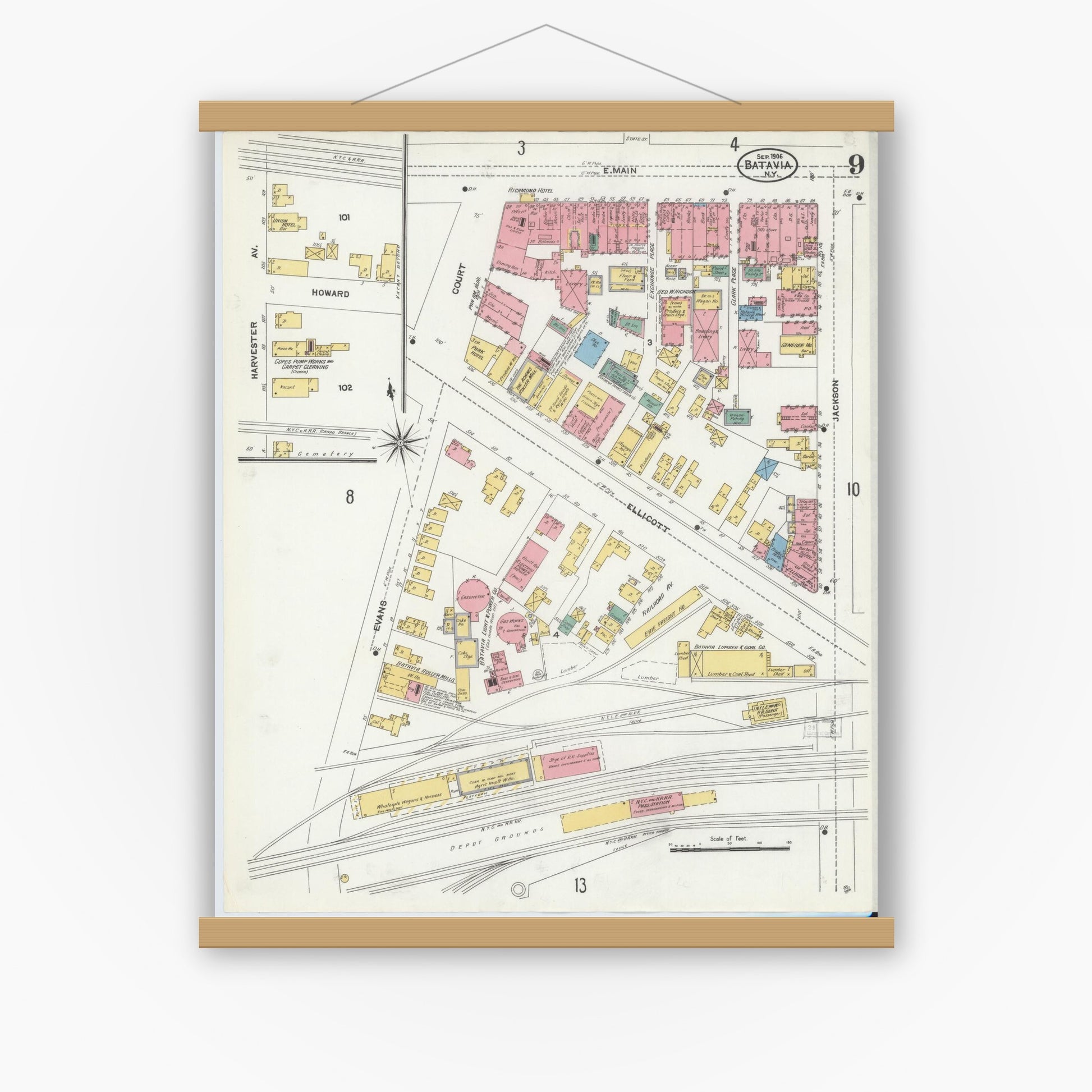 Old map wall art mockup — magnetic wood frame on white wall — Sanborn Fire Insurance Map from Batavia, Genesee County, New York (1906), Sheet #0009