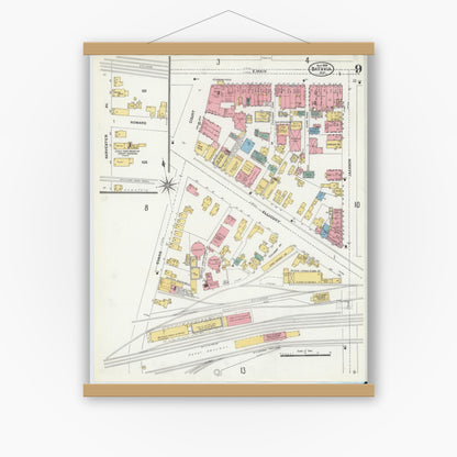Old map wall art mockup — magnetic wood frame on white wall — Sanborn Fire Insurance Map from Batavia, Genesee County, New York (1906), Sheet #0009