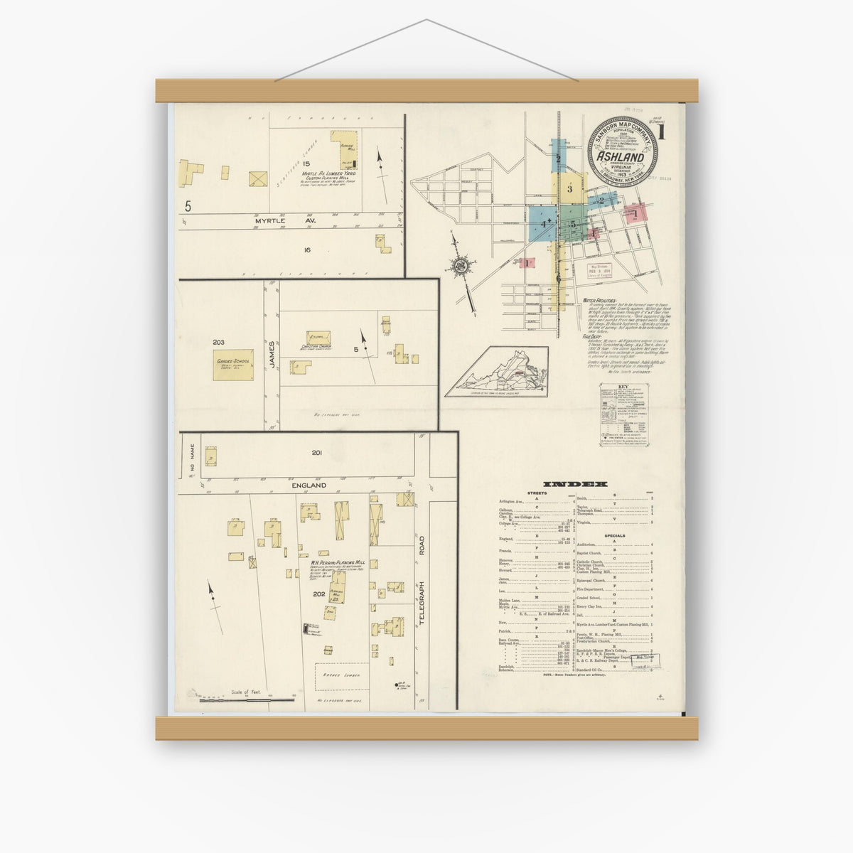 Old map wall art mockup — magnetic wood frame on white wall — Sanborn Fire Insurance Map from Ashland, Hanover County, Virginia (1913) - Complete Map Set