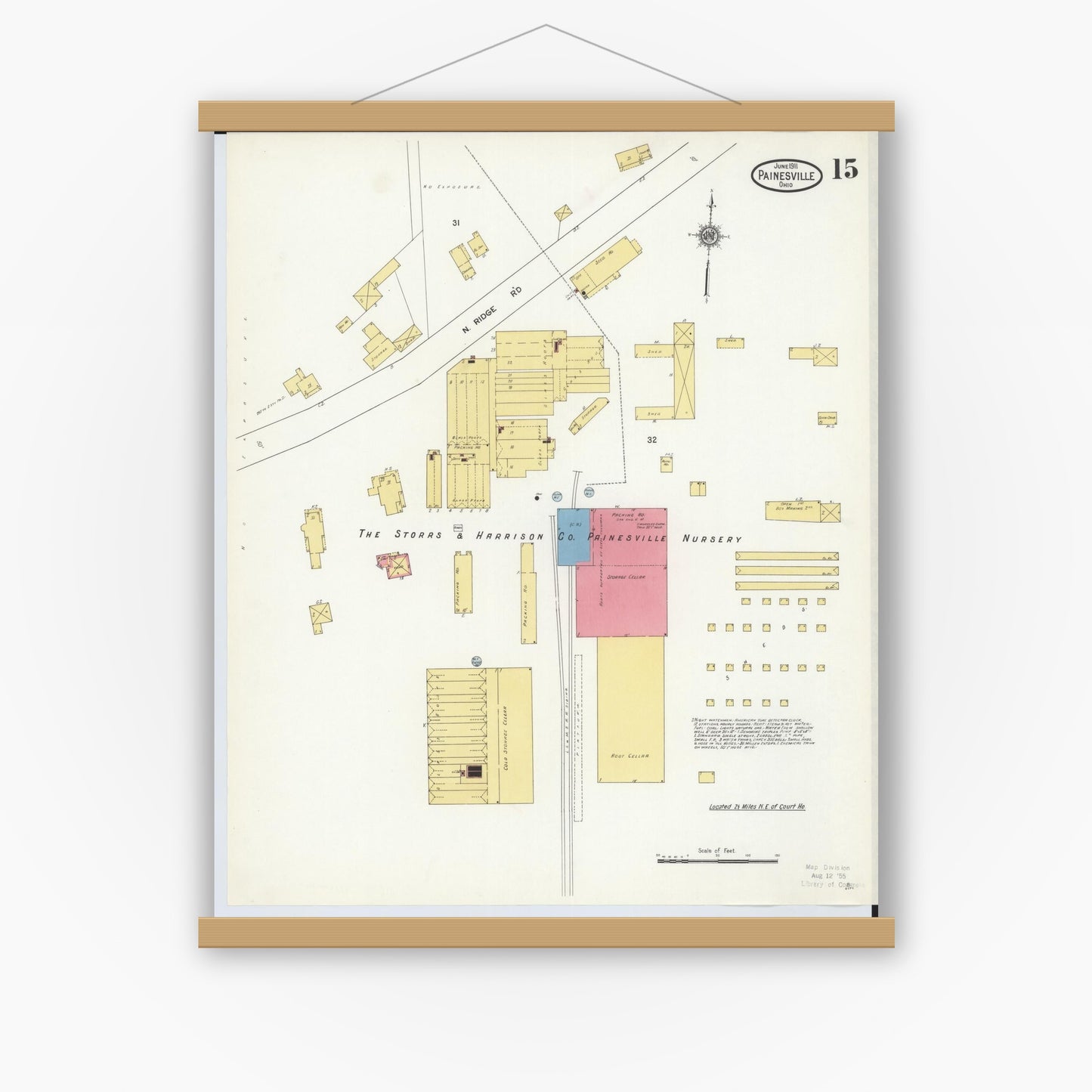 Old map wall art mockup — magnetic wood frame on white wall — Sanborn Fire Insurance Map from Painesville, Lake County, Ohio (1911), Sheet #0015