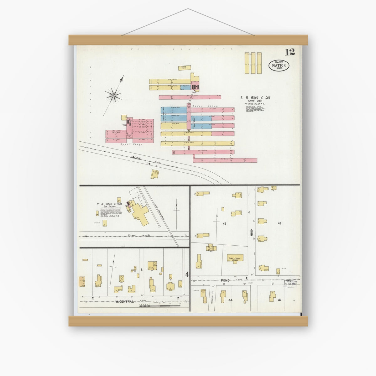 Old map wall art mockup — magnetic wood frame on white wall — Sanborn Fire Insurance Map from Natick, Middlesex County, Massachusetts (1899), Sheet #0012