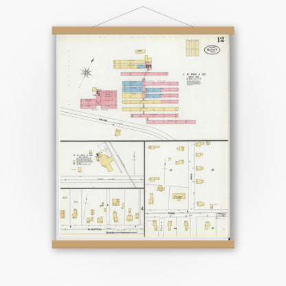 Old map wall art mockup — magnetic wood frame on white wall — Sanborn Fire Insurance Map from Natick, Middlesex County, Massachusetts (1899), Sheet #0012
