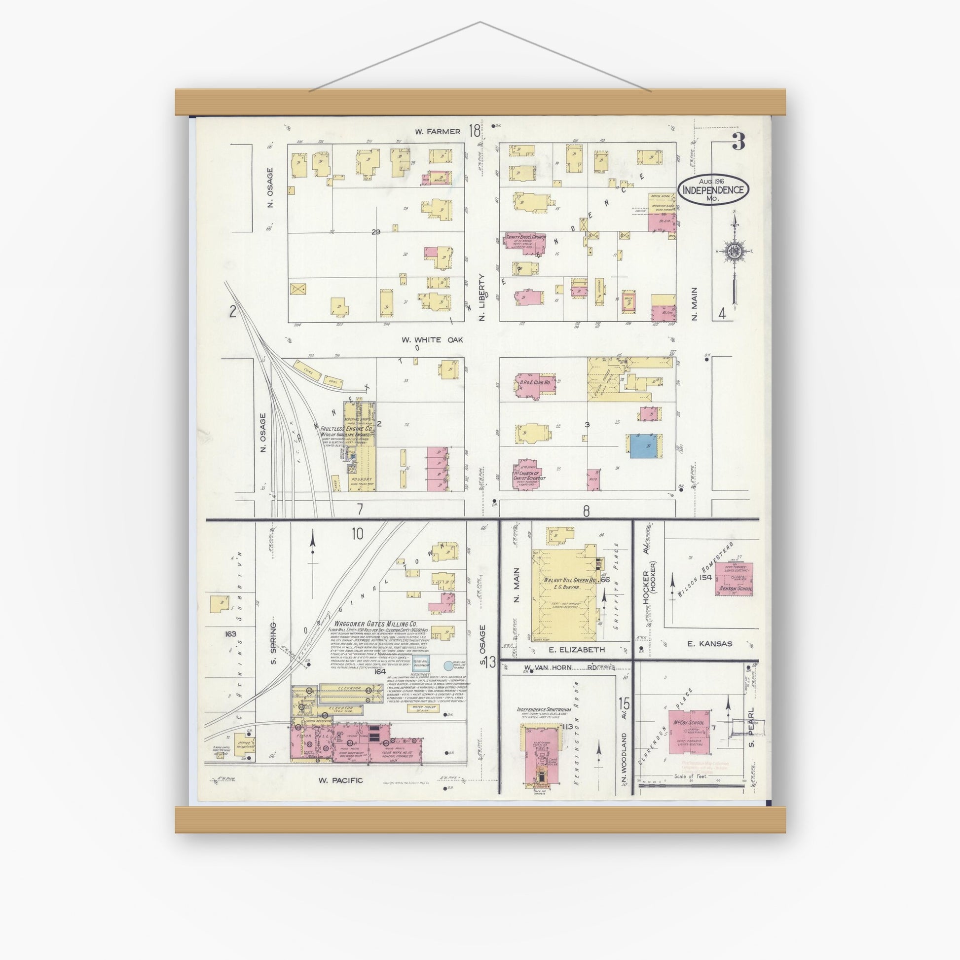 Old map wall art mockup — magnetic wood frame on white wall — Sanborn Fire Insurance Map from Independence, Jackson County, Missouri (1916), Sheet #0003