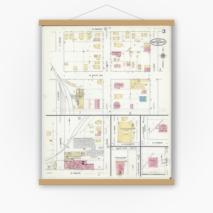 Old map wall art mockup — magnetic wood frame on white wall — Sanborn Fire Insurance Map from Independence, Jackson County, Missouri (1916), Sheet #0003