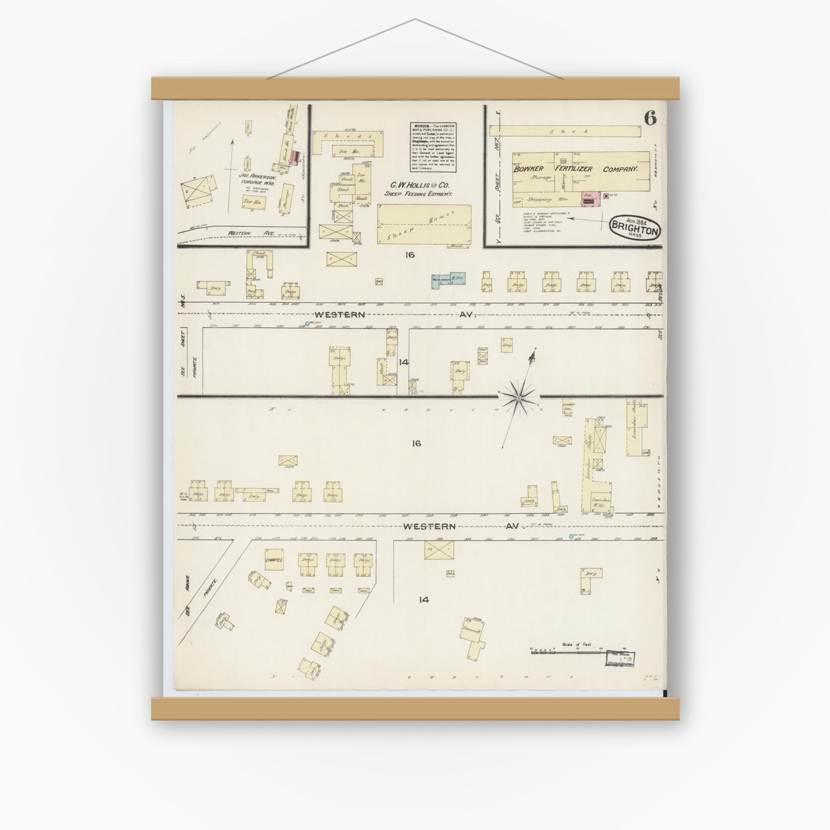 Old map wall art mockup — magnetic wood frame on white wall — Sanborn Fire Insurance Map from Brighton, Suffolk County, Massachusetts (1884), Sheet #0006