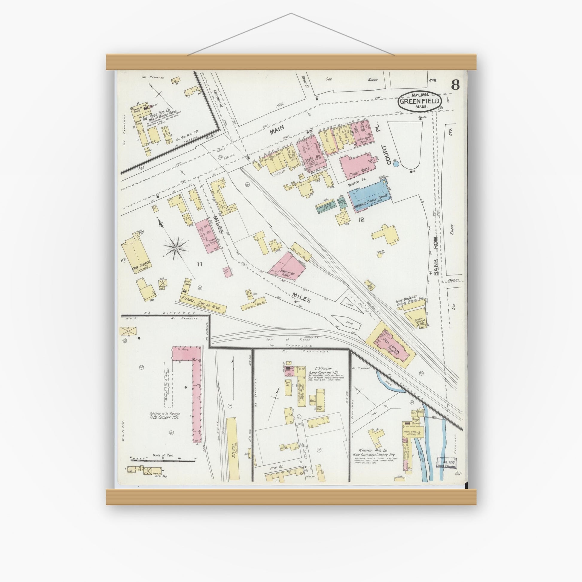 Old map wall art mockup — magnetic wood frame on white wall — Sanborn Fire Insurance Map from Greenfield, Franklin County, Massachusetts (1892), Sheet #0008