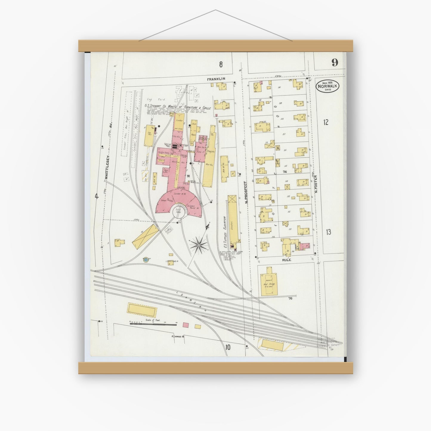 Old map wall art mockup — magnetic wood frame on white wall — Sanborn Fire Insurance Map from Norwalk, Huron County, Ohio (1906), Sheet #0009