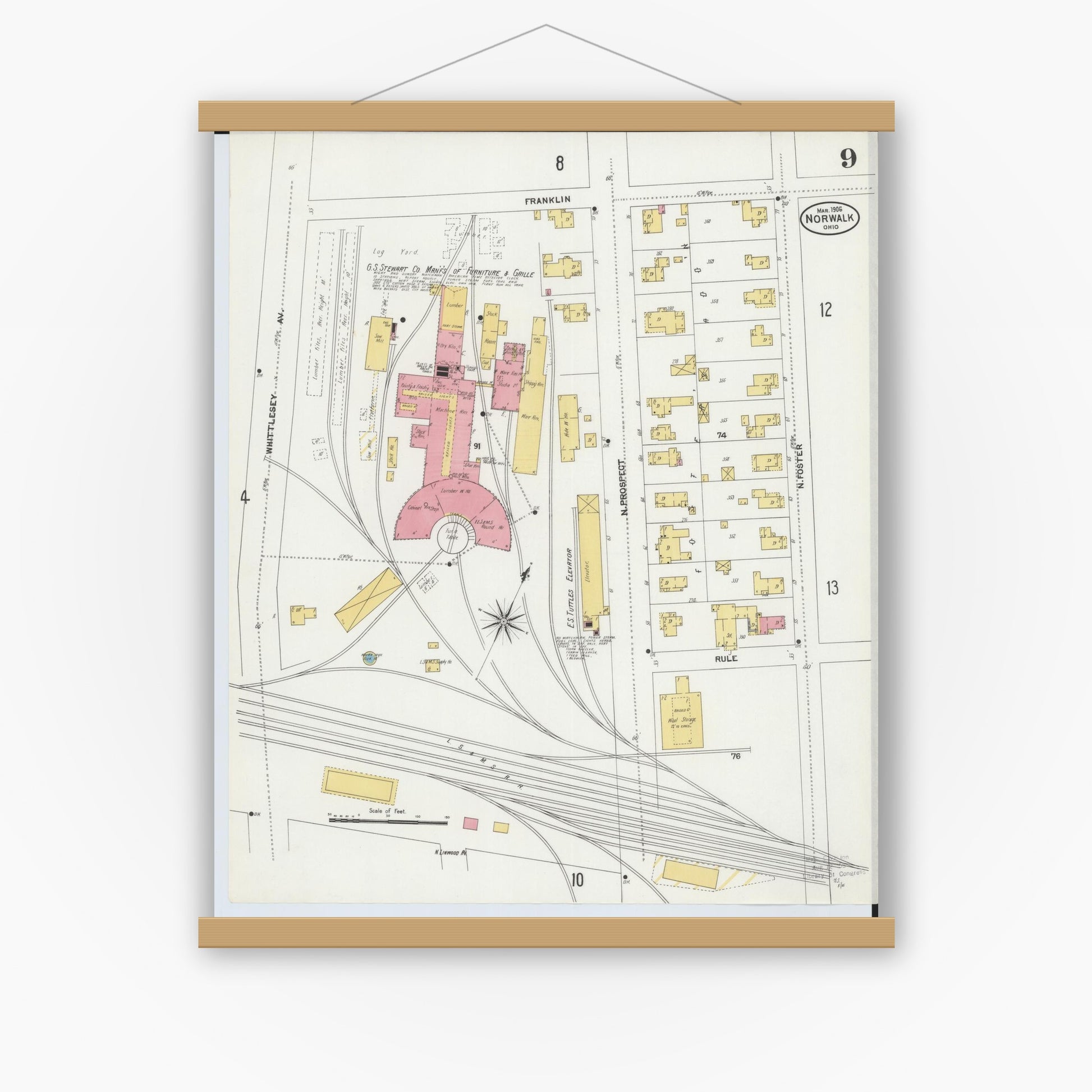 Old map wall art mockup — magnetic wood frame on white wall — Sanborn Fire Insurance Map from Norwalk, Huron County, Ohio (1906), Sheet #0009