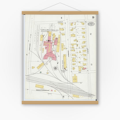 Old map wall art mockup — magnetic wood frame on white wall — Sanborn Fire Insurance Map from Norwalk, Huron County, Ohio (1906), Sheet #0009