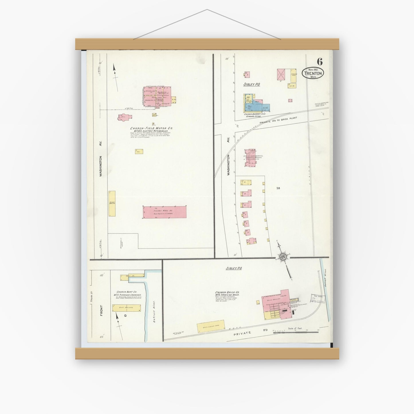 Old map wall art mockup — magnetic wood frame on white wall — Sanborn Fire Insurance Map from Trenton, Wayne County, Michigan (1912), Sheet #0006