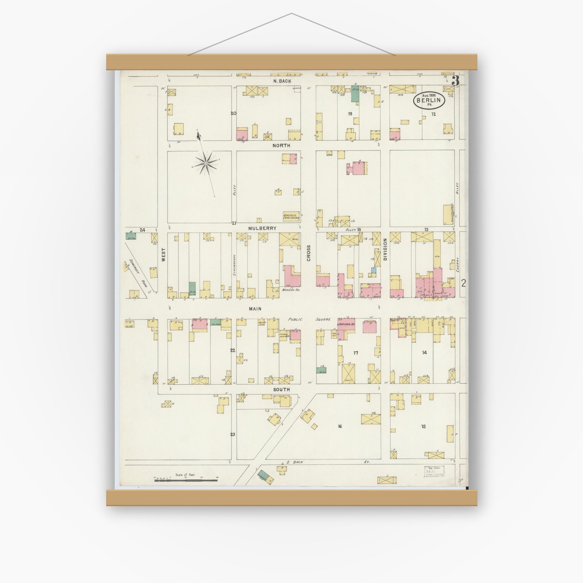 Old map wall art mockup — magnetic wood frame on white wall — Sanborn Fire Insurance Map from Berlin, Somerset County, Pennsylvania (1898), Sheet #0003