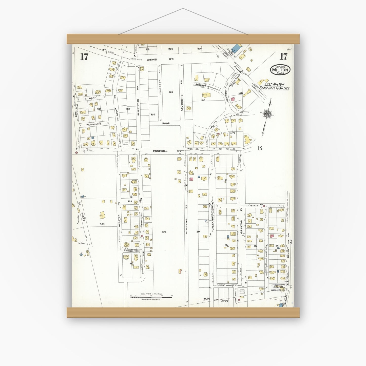 Old map wall art mockup — magnetic wood frame on white wall — Sanborn Fire Insurance Map from Milton, Norfolk County, Massachusetts (1923), Sheet #0017