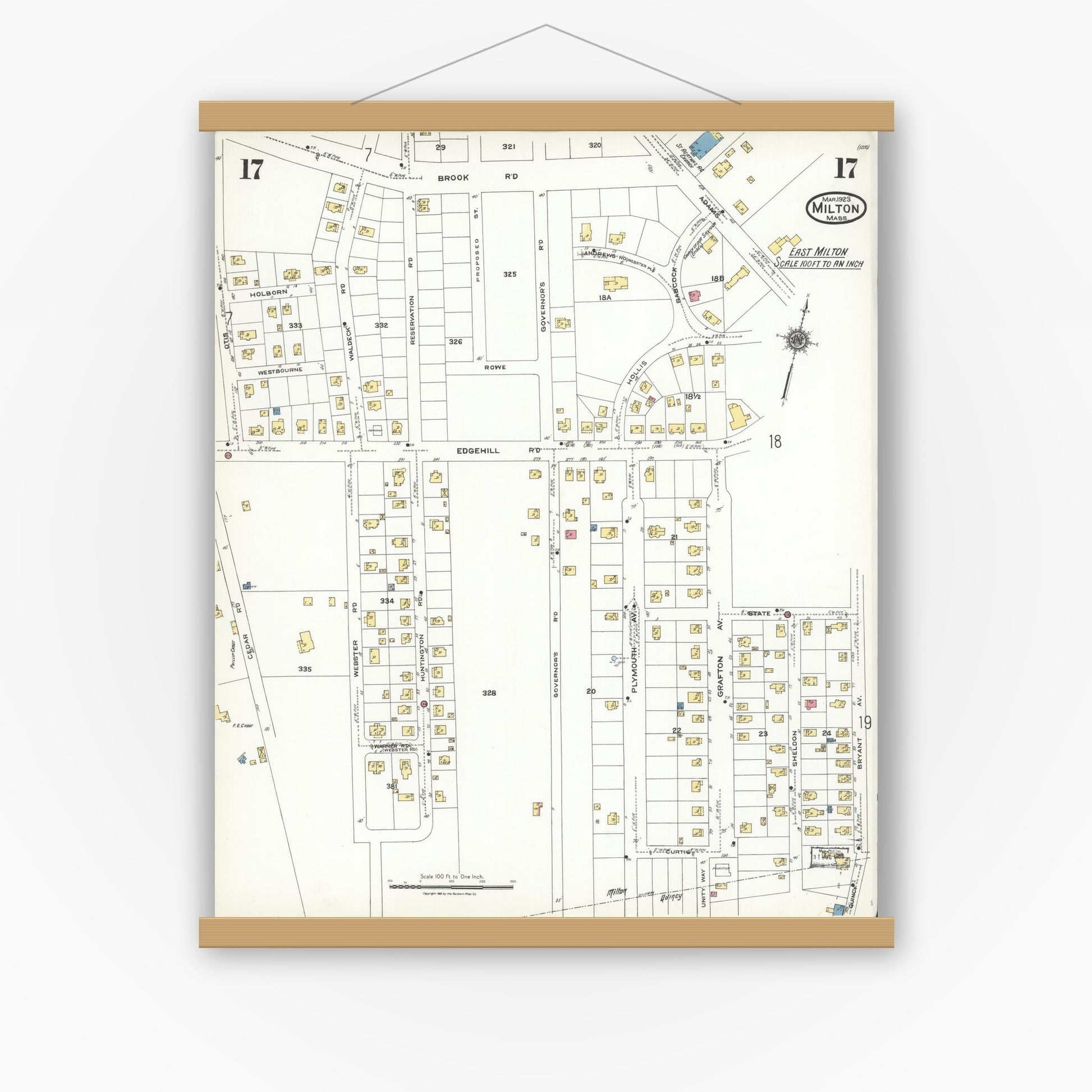 Old map wall art mockup — magnetic wood frame on white wall — Sanborn Fire Insurance Map from Milton, Norfolk County, Massachusetts (1923), Sheet #0017