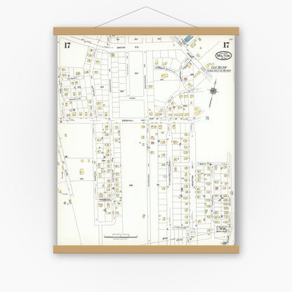 Old map wall art mockup — magnetic wood frame on white wall — Sanborn Fire Insurance Map from Milton, Norfolk County, Massachusetts (1923), Sheet #0017
