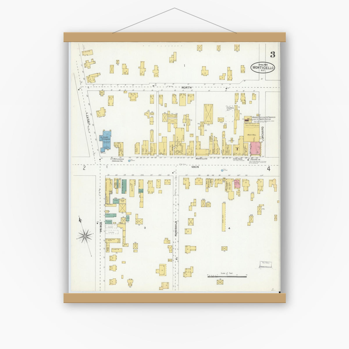 Old map wall art mockup — magnetic wood frame on white wall — Sanborn Fire Insurance Map from Monticello, Sullivan County, New York (1904), Sheet #0003