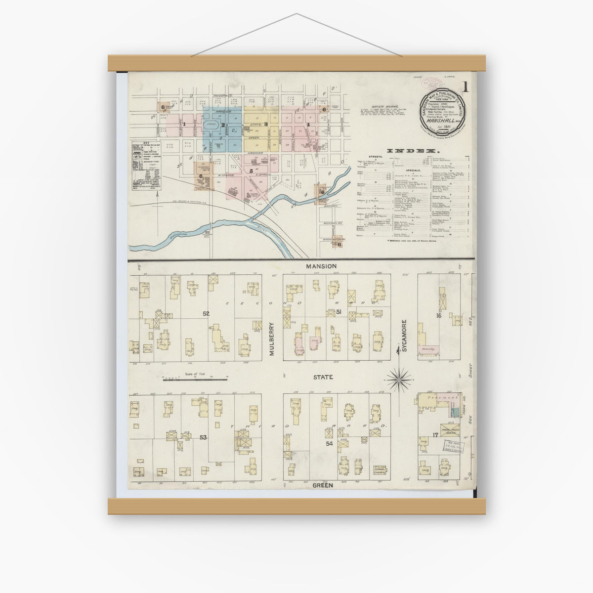 Old map wall art mockup — magnetic wood frame on white wall — Sanborn Fire Insurance Map from Marshall, Calhoun County, Michigan (1888), Sheet #0001