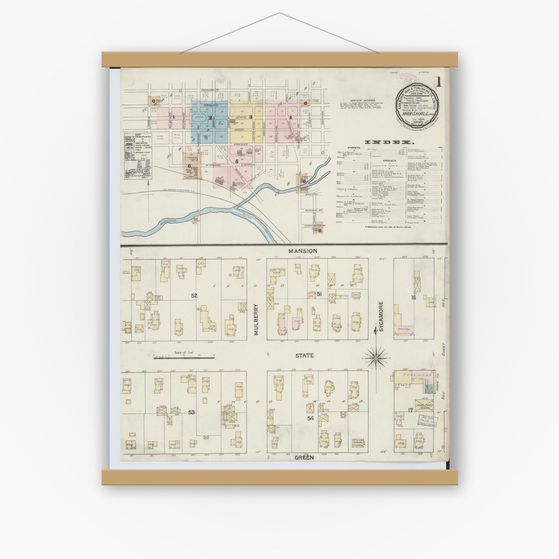 Old map wall art mockup — magnetic wood frame on white wall — Sanborn Fire Insurance Map from Marshall, Calhoun County, Michigan (1888), Sheet #0001