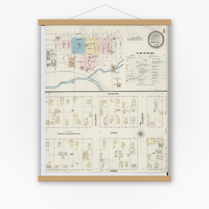 Old map wall art mockup — magnetic wood frame on white wall — Sanborn Fire Insurance Map from Marshall, Calhoun County, Michigan (1888), Sheet #0001