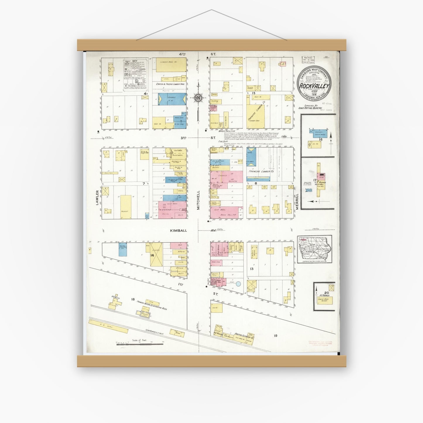 Old map wall art mockup — magnetic wood frame on white wall — Sanborn Fire Insurance Map from Rock Valley, Sioux County, Iowa (1916), Sheet #0001