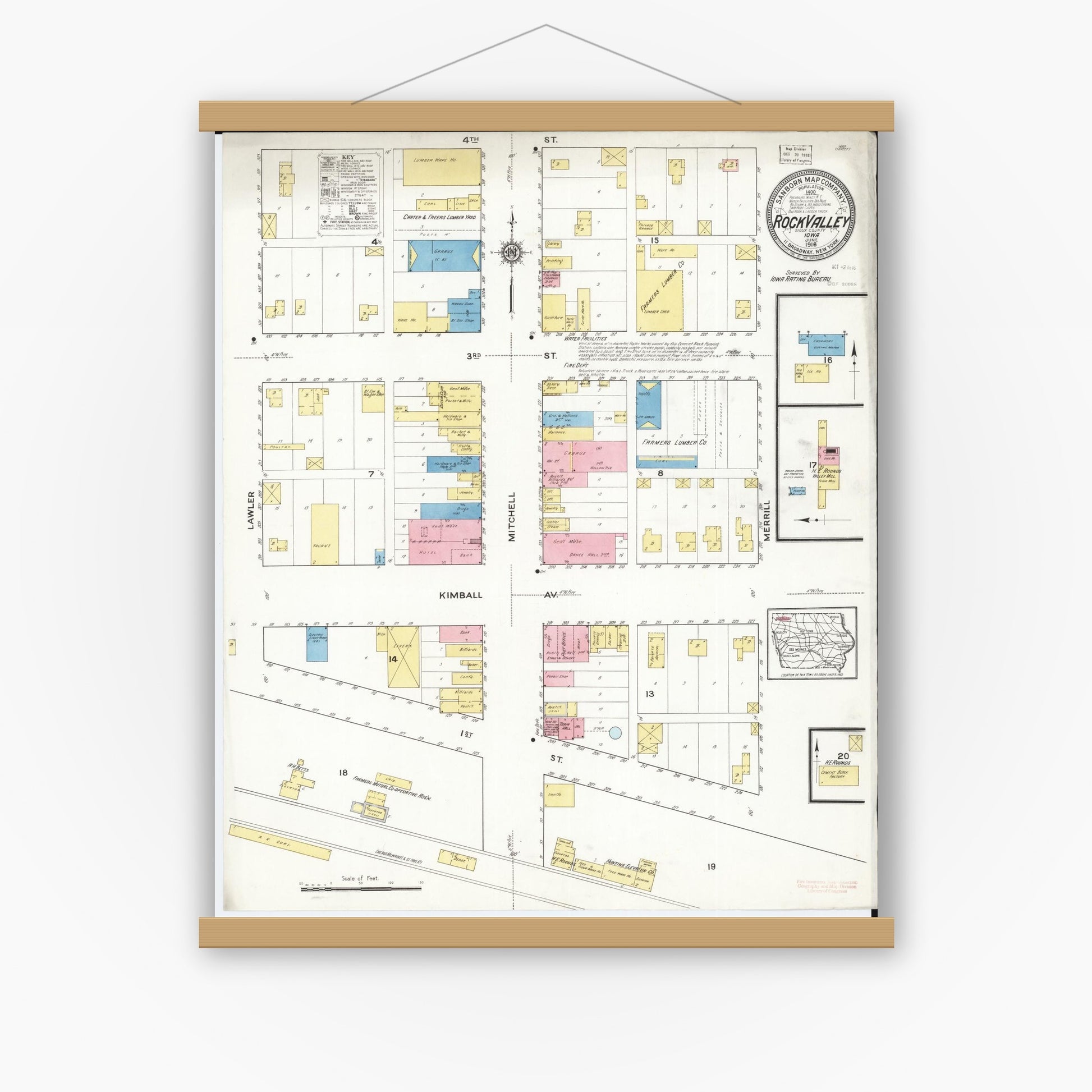 Old map wall art mockup — magnetic wood frame on white wall — Sanborn Fire Insurance Map from Rock Valley, Sioux County, Iowa (1916), Sheet #0001