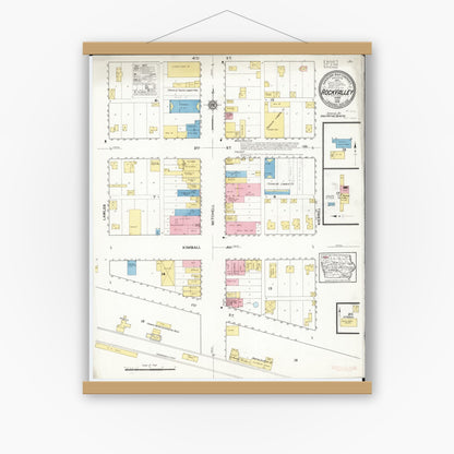 Old map wall art mockup — magnetic wood frame on white wall — Sanborn Fire Insurance Map from Rock Valley, Sioux County, Iowa (1916), Sheet #0001