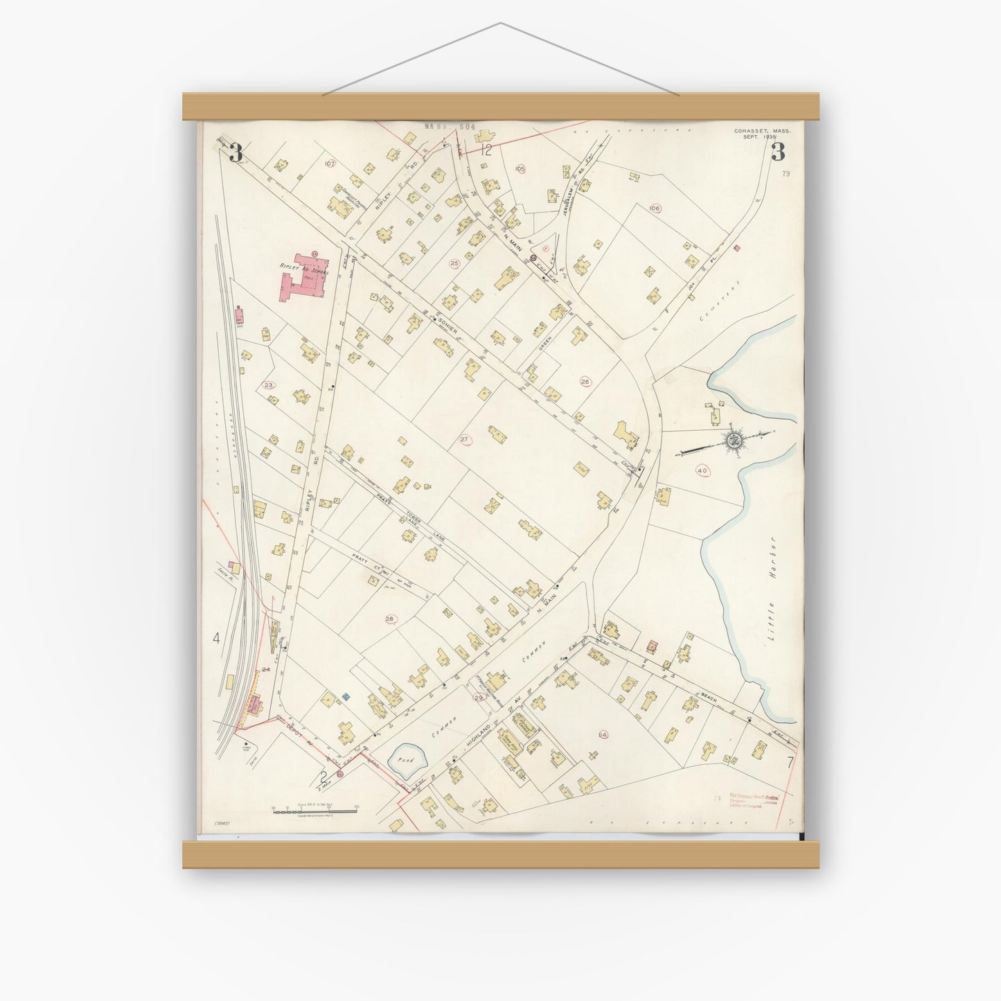 Old map wall art mockup — magnetic wood frame on white wall — Sanborn Fire Insurance Map from Cohasset, Norfolk County, Massachusetts (1940), Sheet #0003