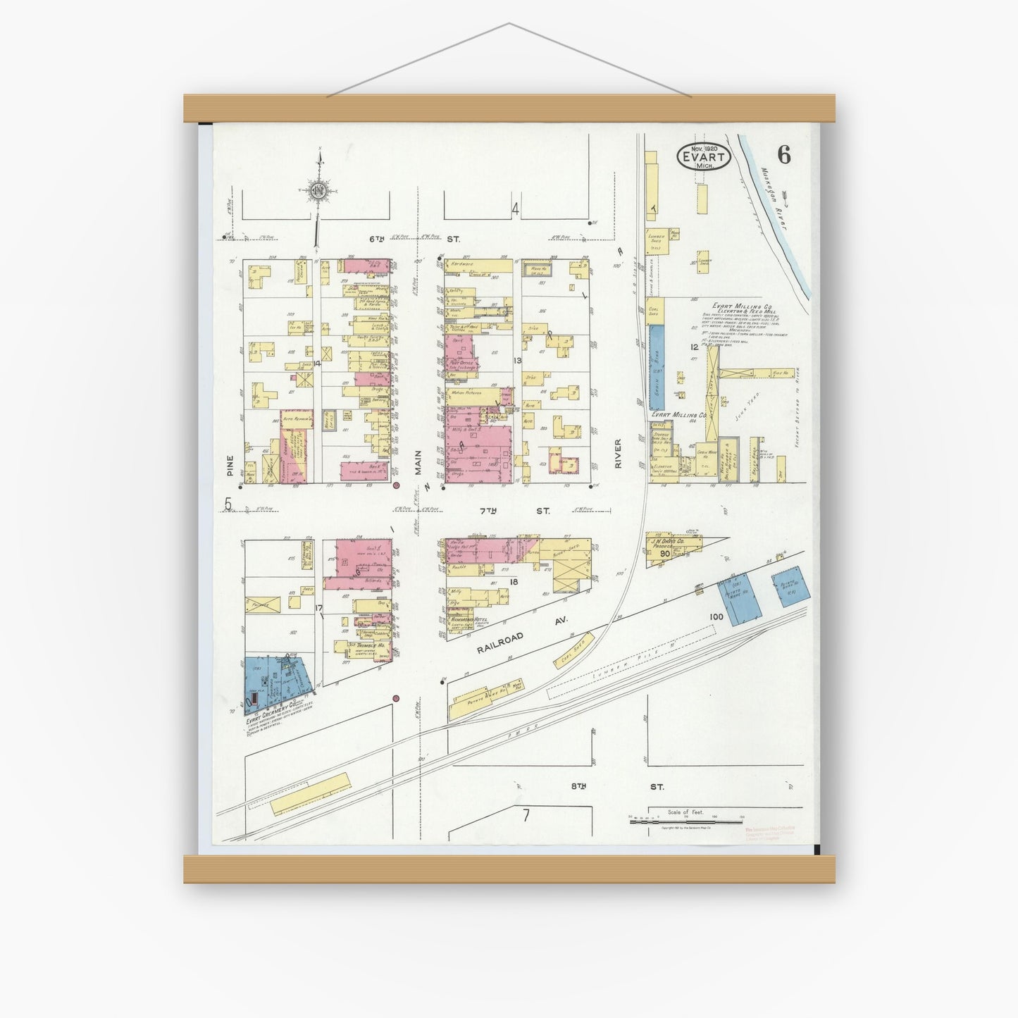 Old map wall art mockup — magnetic wood frame on white wall — Sanborn Fire Insurance Map from Evart, Osceola County, Michigan (1920), Sheet #0006