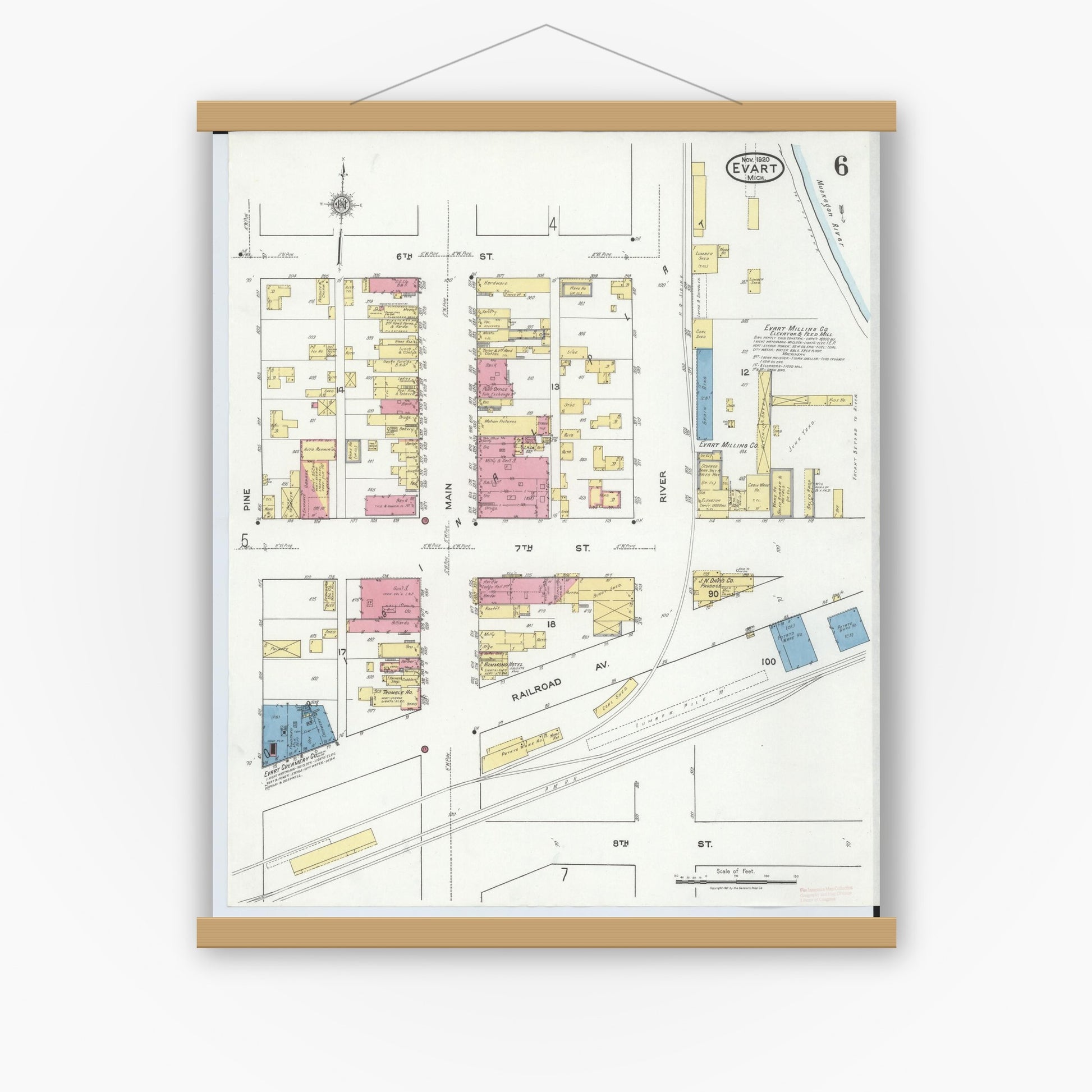 Old map wall art mockup — magnetic wood frame on white wall — Sanborn Fire Insurance Map from Evart, Osceola County, Michigan (1920), Sheet #0006