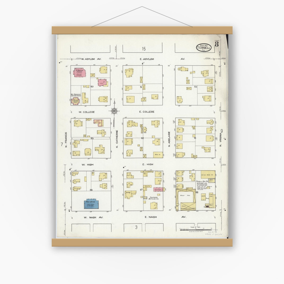 Old map wall art mockup — magnetic wood frame on white wall — Sanborn Fire Insurance Map from Terrell, Kaufman County, Texas (1921), Sheet #0008