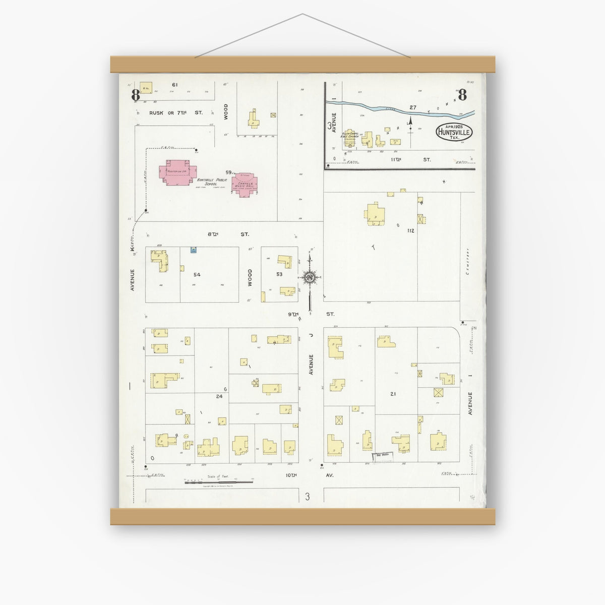 Old map wall art mockup — magnetic wood frame on white wall — Sanborn Fire Insurance Map from Huntsville, Walker County, Texas (1925), Sheet #0008