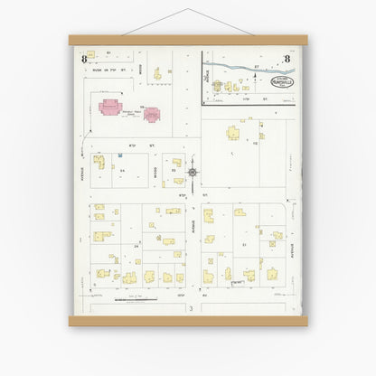 Old map wall art mockup — magnetic wood frame on white wall — Sanborn Fire Insurance Map from Huntsville, Walker County, Texas (1925), Sheet #0008