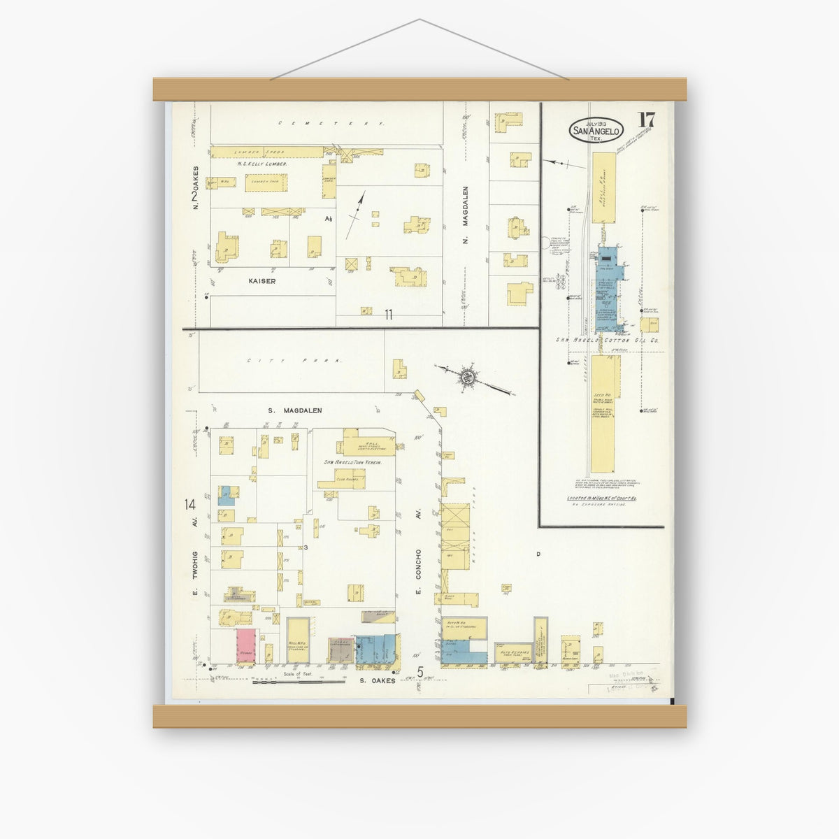 Old map wall art mockup — magnetic wood frame on white wall — Sanborn Fire Insurance Map from San Angelo, Tom Green County, Texas (1913), Sheet #0017