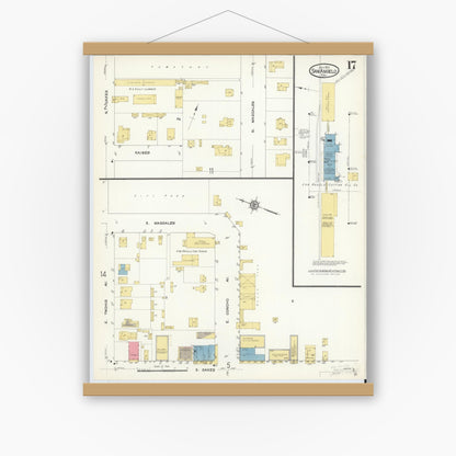 Old map wall art mockup — magnetic wood frame on white wall — Sanborn Fire Insurance Map from San Angelo, Tom Green County, Texas (1913), Sheet #0017