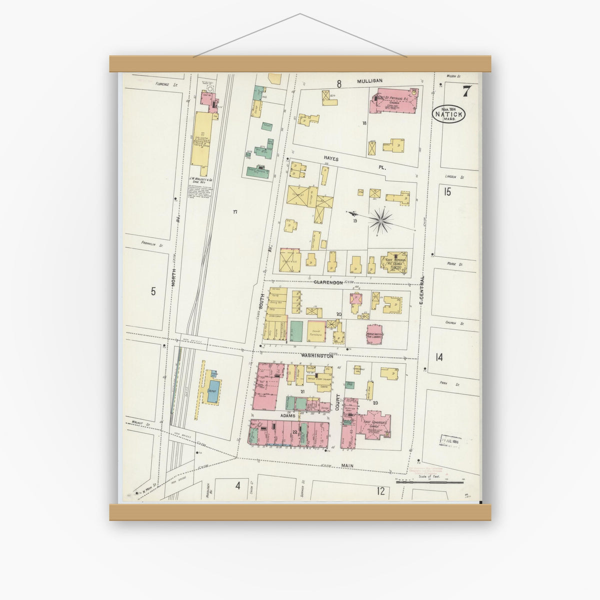 Old map wall art mockup — magnetic wood frame on white wall — Sanborn Fire Insurance Map from Natick, Middlesex County, Massachusetts (1904), Sheet #0007