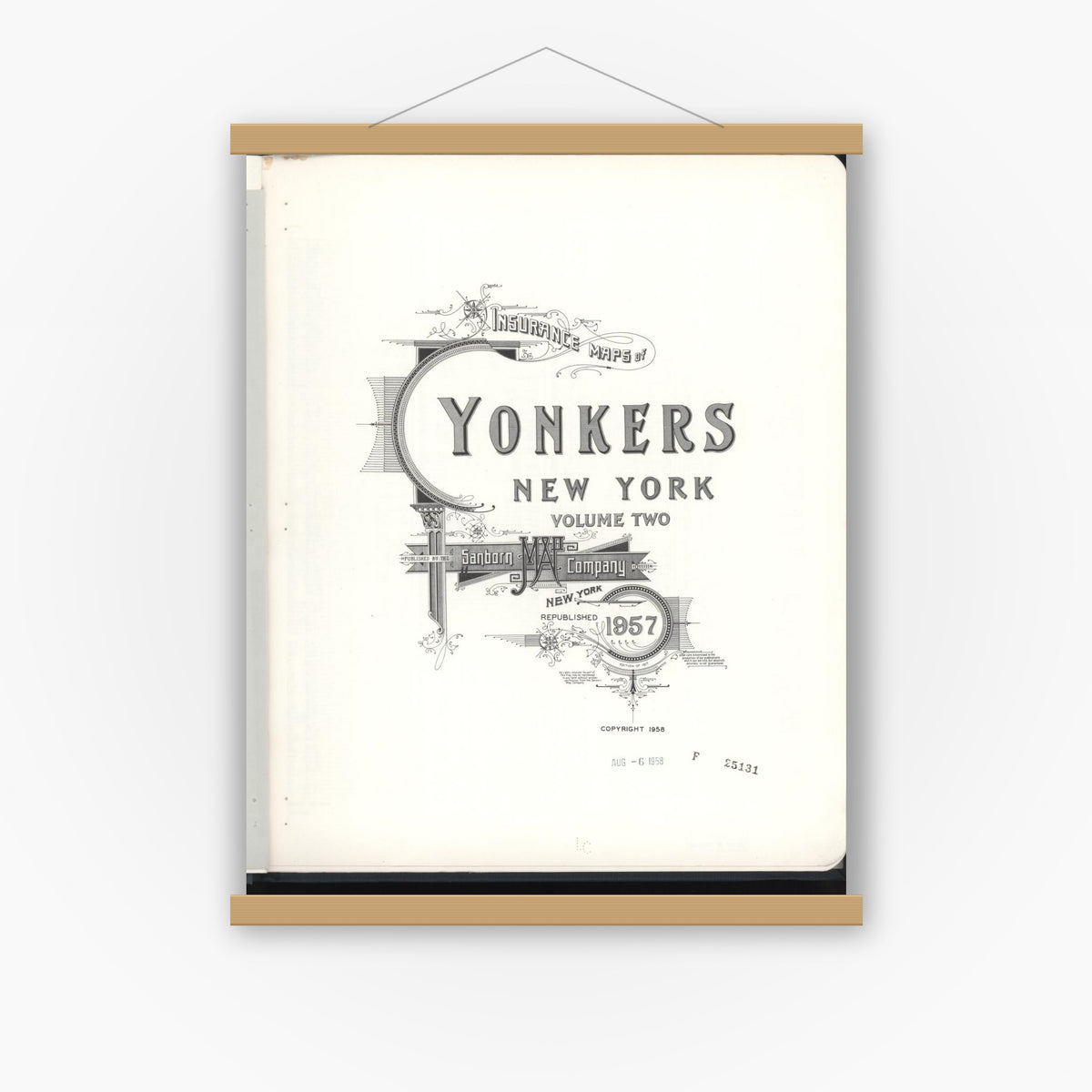 Old map wall art mockup — magnetic wood frame on white wall — Sanborn Fire Insurance Map from Yonkers, Westchester County, New York (1957), Sheet #0001